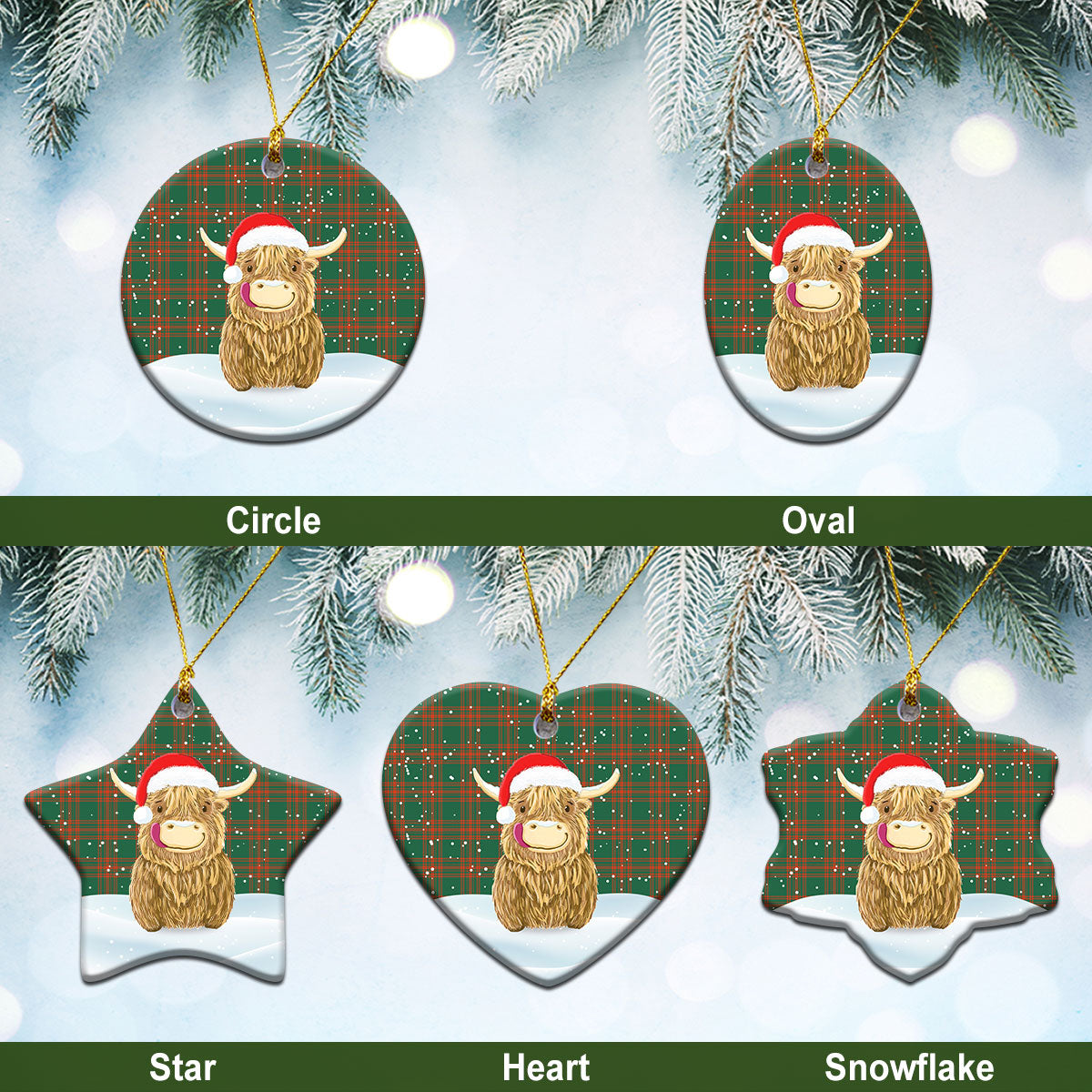 Menzies Green Ancient Tartan Christmas Ceramic Ornament - Highland Cows Style