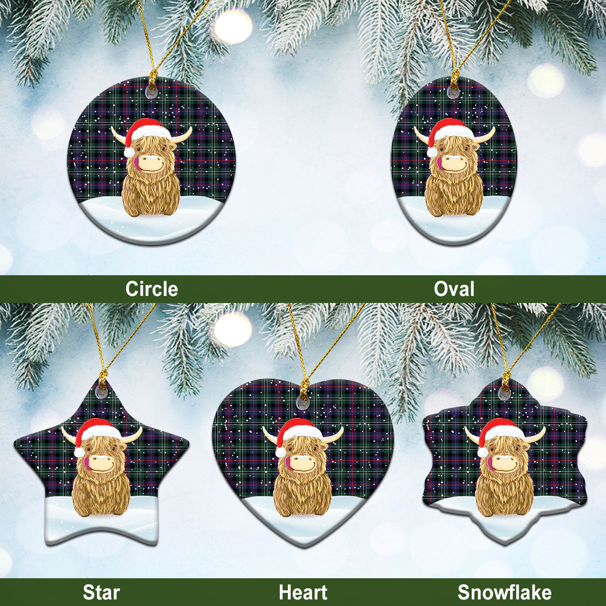 Rose Hunting Modern Tartan Christmas Ceramic Ornament - Highland Cows Style