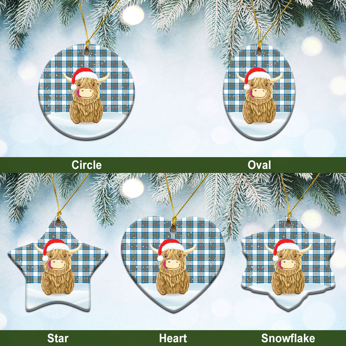 Stewart Muted Blue Tartan Christmas Ceramic Ornament - Highland Cows Style