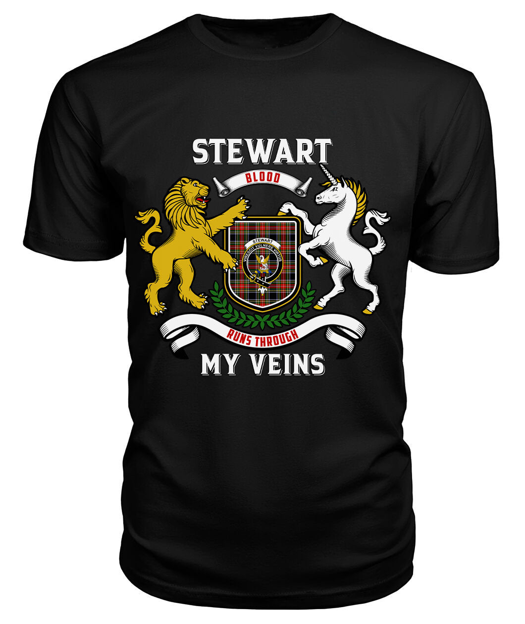 Stewart Black Tartan Crest 2D T-shirt - Blood Runs Through My Veins Style
