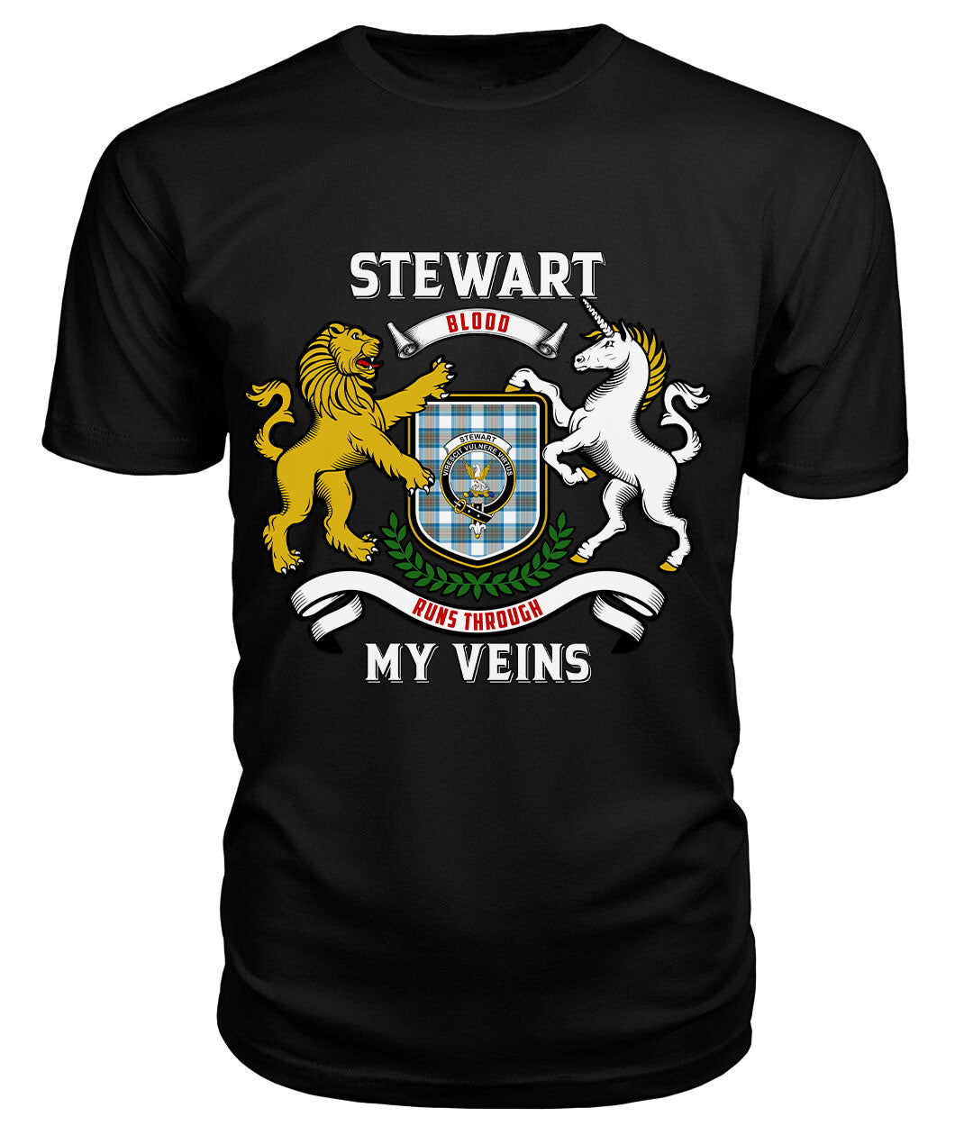 Stewart Muted Blue Tartan Crest 2D T-shirt - Blood Runs Through My Veins Style
