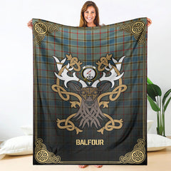 Balfour Blue Tartan Crest Premium Blanket - Celtic Stag style