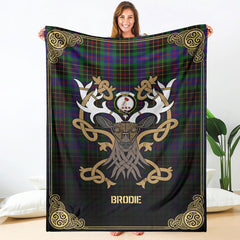 Brodie Hunting Modern Tartan Crest Premium Blanket - Celtic Stag style