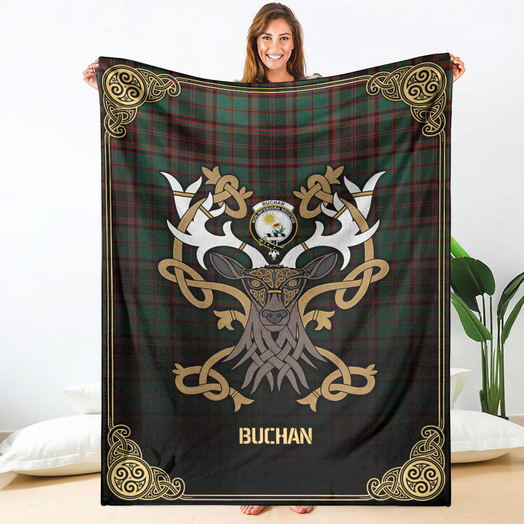 Buchan Ancient Tartan Crest Premium Blanket - Celtic Stag style