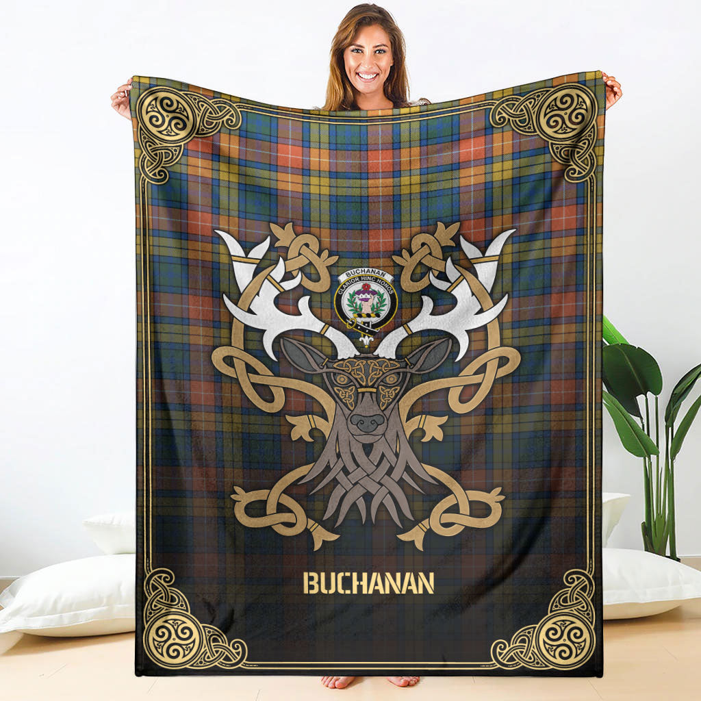 Buchanan Ancient Tartan Crest Premium Blanket - Celtic Stag style