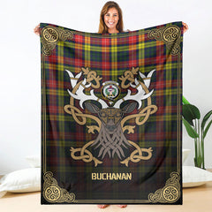 Buchanan Modern Tartan Crest Premium Blanket - Celtic Stag style