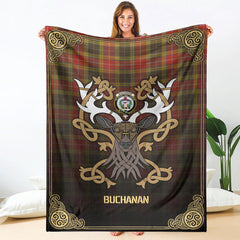 Buchanan Old Set Weathered Tartan Crest Premium Blanket - Celtic Stag style