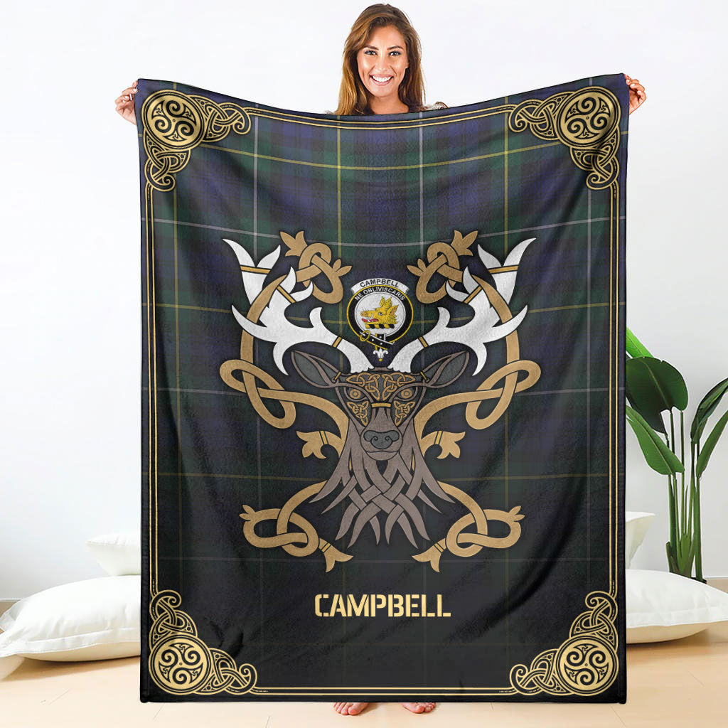 Campbell Argyll Modern Tartan Crest Premium Blanket - Celtic Stag style