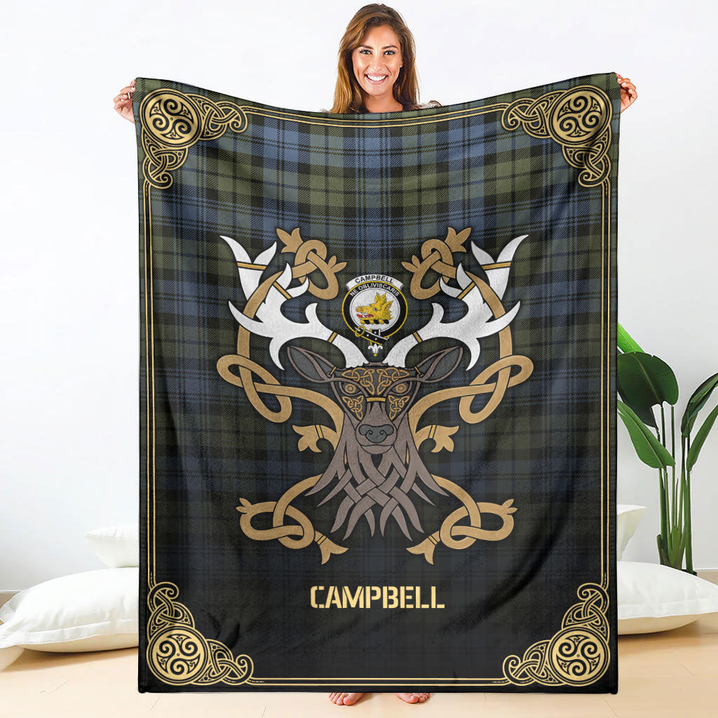 Campbell Faded Tartan Crest Premium Blanket - Celtic Stag style