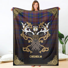 Chisholm Hunting Modern Tartan Crest Premium Blanket - Celtic Stag style
