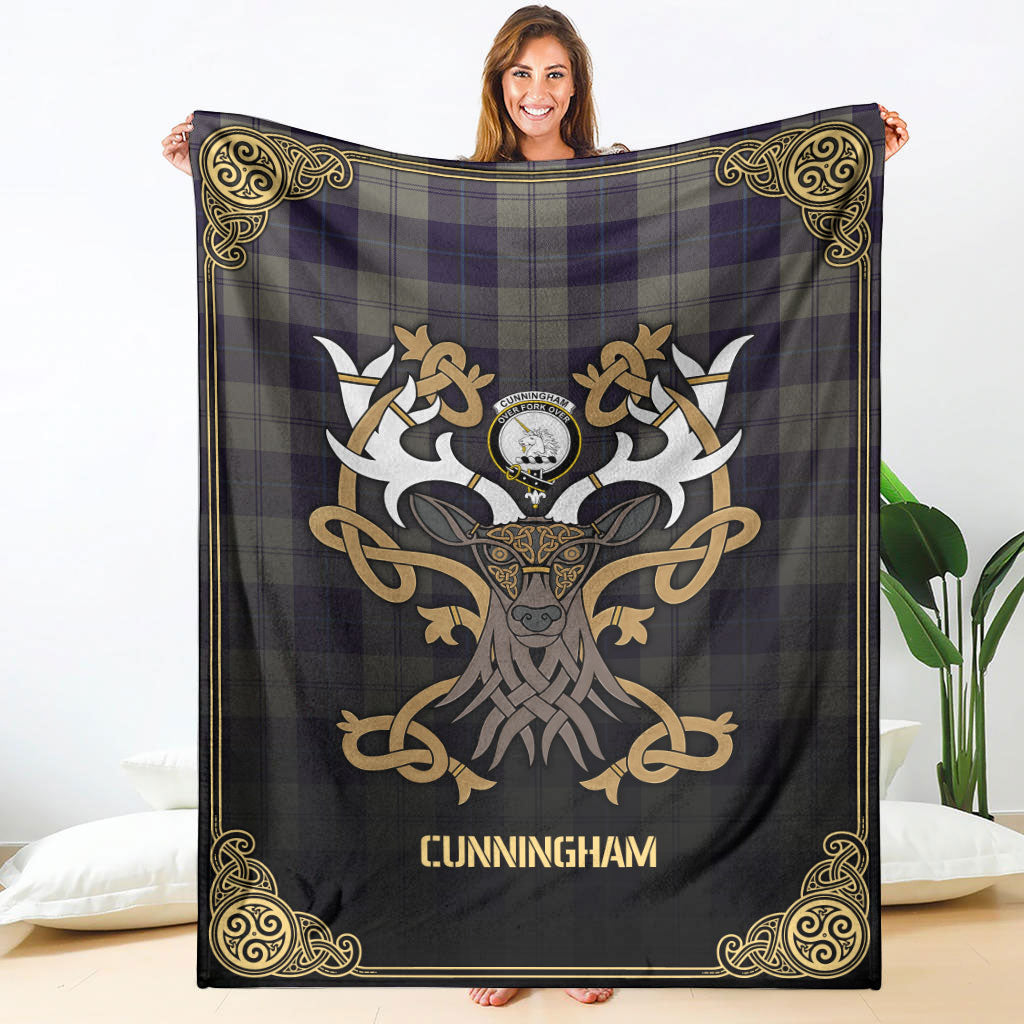 Cunningham Dress Blue Dancers Tartan Crest Premium Blanket - Celtic Stag style