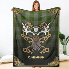 Cunningham Dress Green Dancers Tartan Crest Premium Blanket - Celtic Stag style