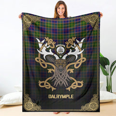 Dalrymple Tartan Crest Premium Blanket - Celtic Stag style