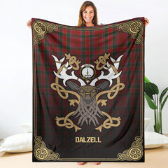 Dalzell Tartan Crest Premium Blanket - Celtic Stag style