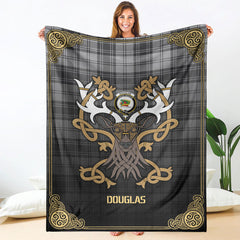 Douglas Grey Modern Tartan Crest Premium Blanket - Celtic Stag style