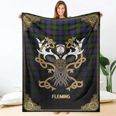 Fleming Tartan Crest Premium Blanket - Celtic Stag style