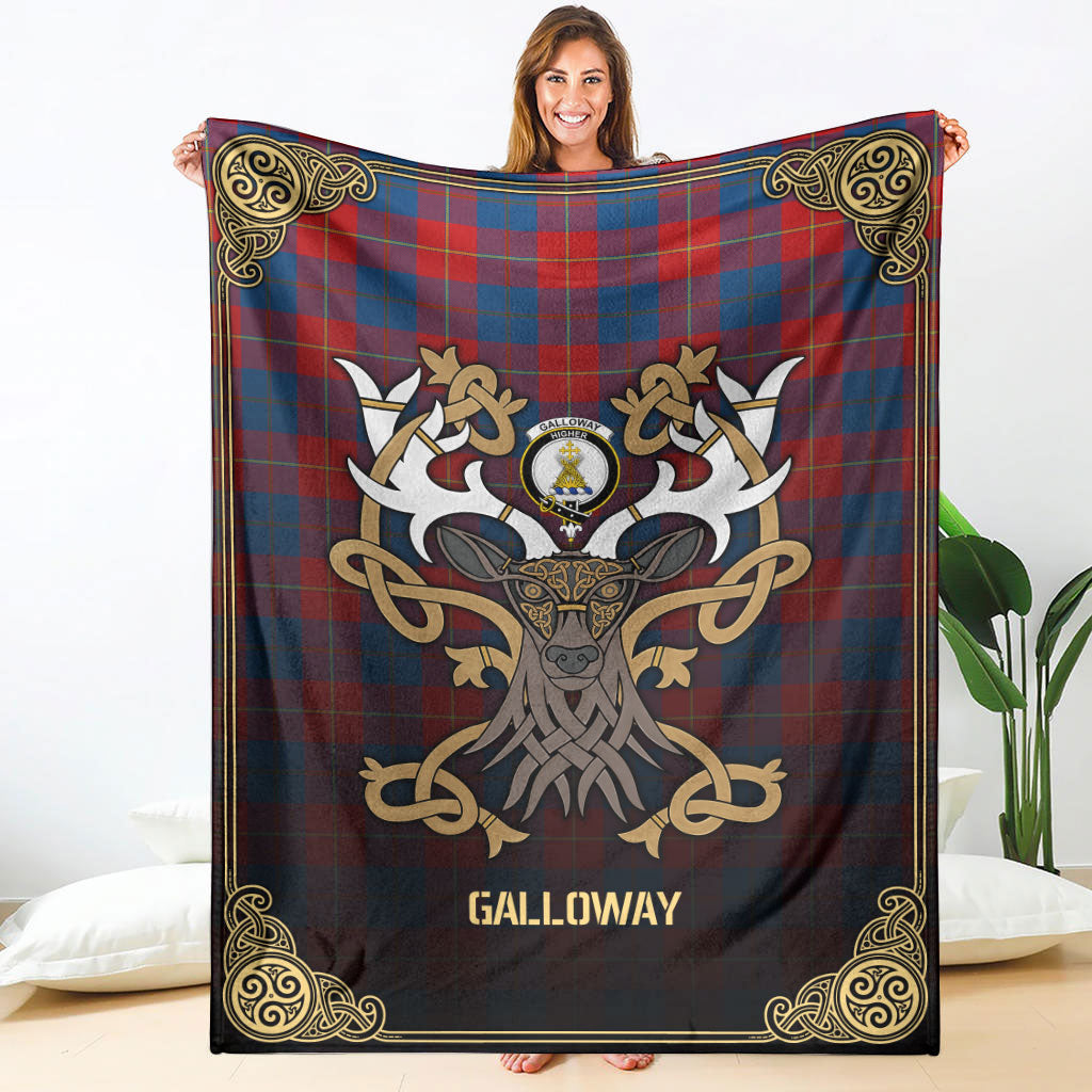 Galloway Red Tartan Crest Premium Blanket - Celtic Stag style