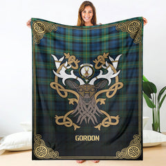 Gordon Ancient Tartan Crest Premium Blanket - Celtic Stag style