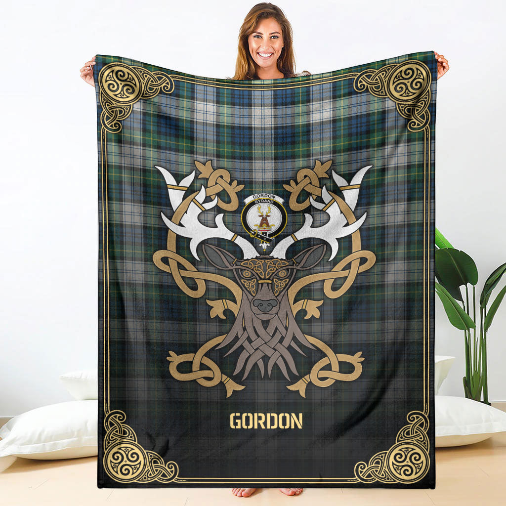 Gordon Dress Ancient Tartan Crest Premium Blanket - Celtic Stag style