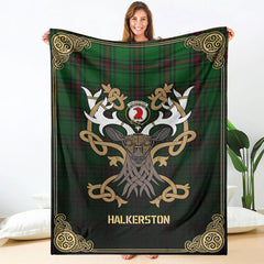 Halkerston Tartan Crest Premium Blanket - Celtic Stag style