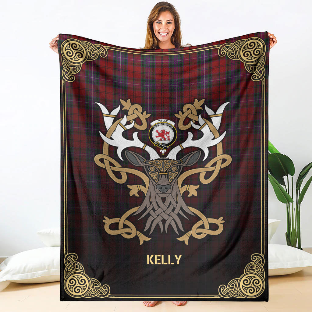 Kelly of Sleat Red Tartan Crest Premium Blanket - Celtic Stag style