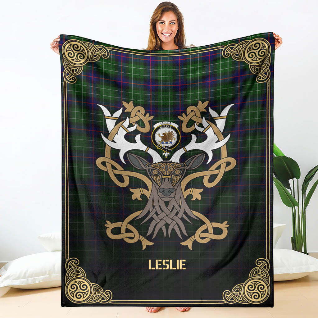 Leslie Hunting Tartan Crest Premium Blanket - Celtic Stag style