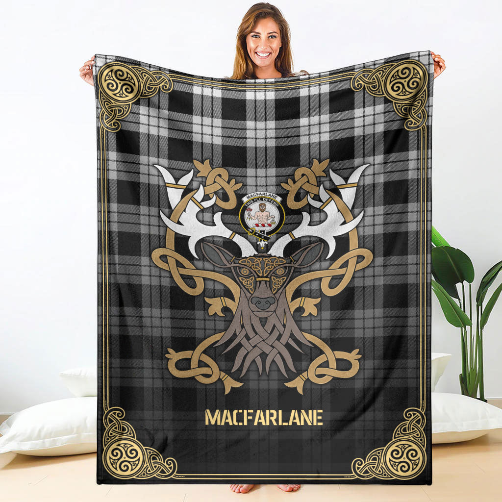 MacFarlane Black _ White Tartan Crest Premium Blanket - Celtic Stag style