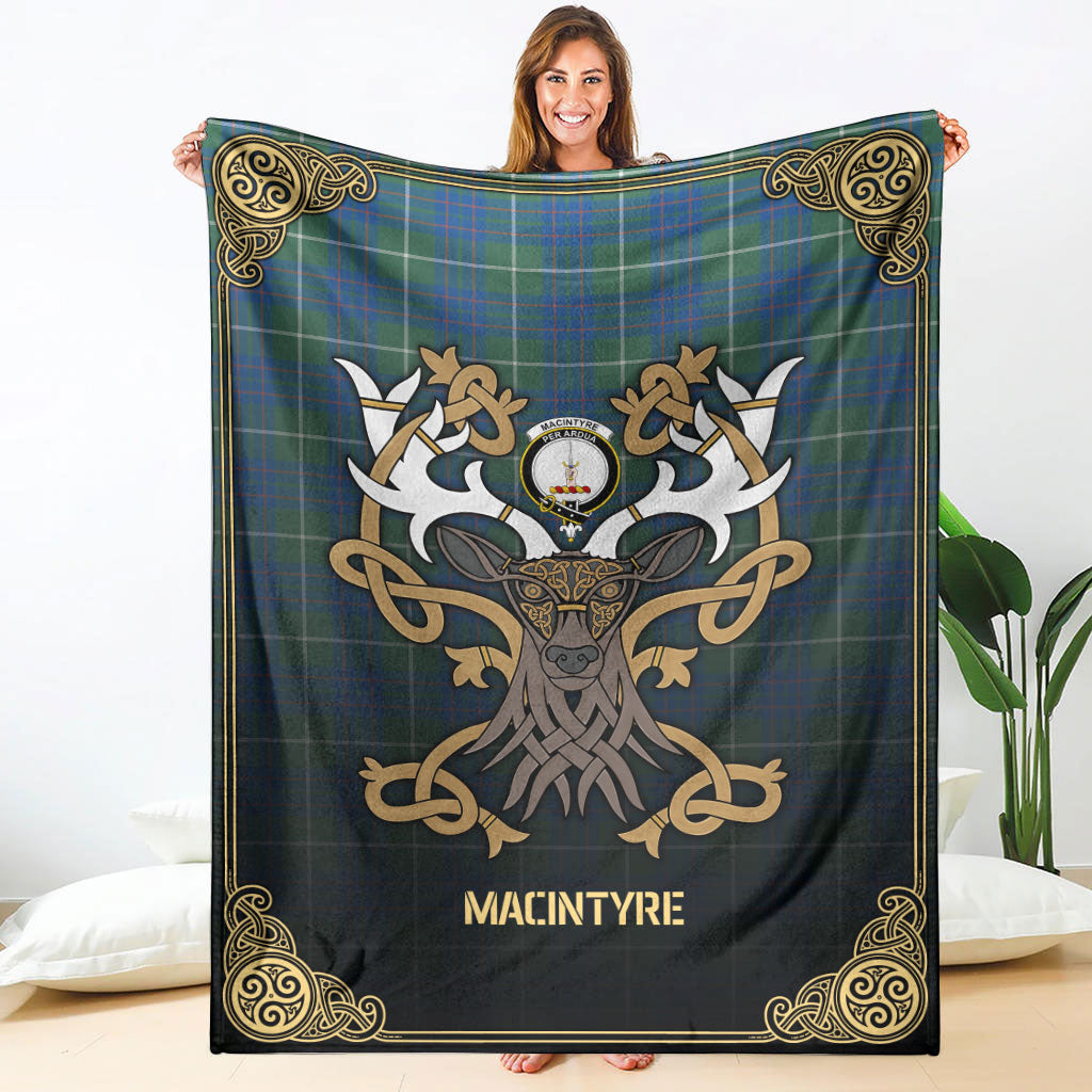 MacIntyre Hunting Ancient Tartan Crest Premium Blanket - Celtic Stag style