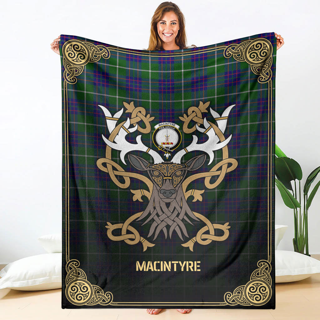 MacIntyre Hunting Modern Tartan Crest Premium Blanket - Celtic Stag style