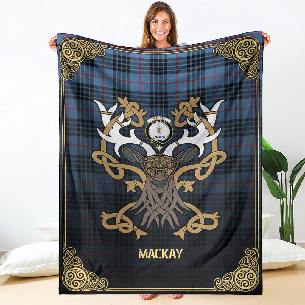 MacKay Blue Tartan Crest Premium Blanket - Celtic Stag style