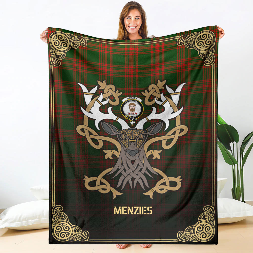 Menzies Green Modern Tartan Crest Premium Blanket - Celtic Stag style