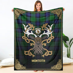 Monteith Tartan Crest Premium Blanket - Celtic Stag style