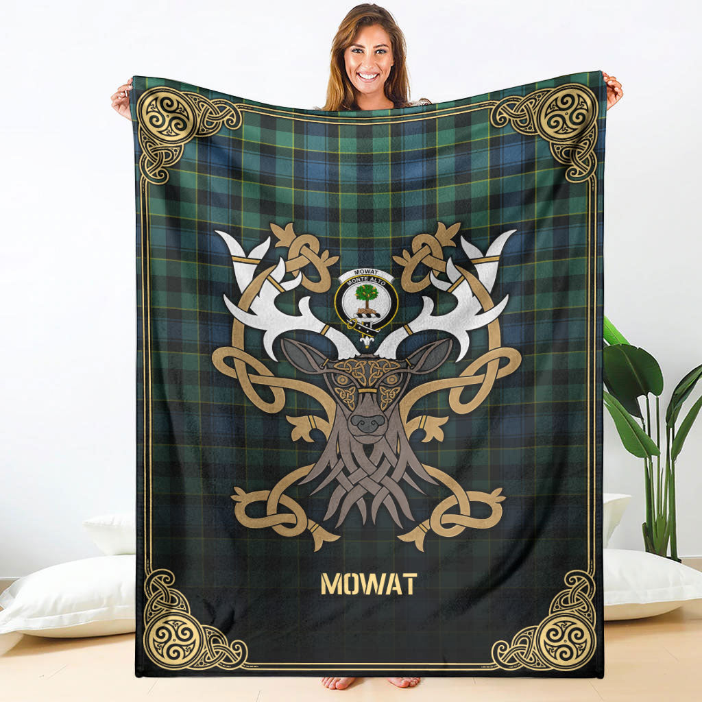 Mowat Ancient Tartan Crest Premium Blanket - Celtic Stag style