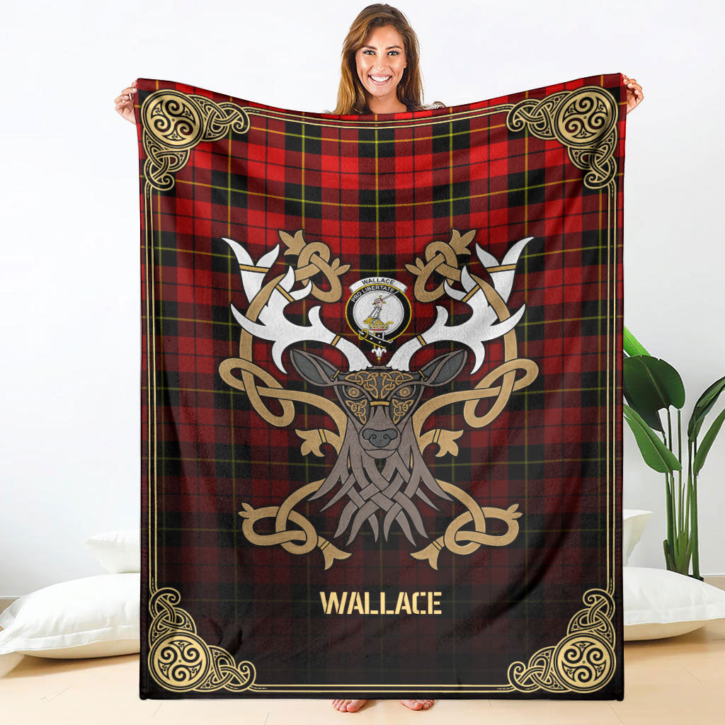 Wallace Hunting Red Tartan Crest Premium Blanket - Celtic Stag style