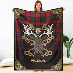 Wauchope (or Waugh) Tartan Crest Premium Blanket - Celtic Stag style