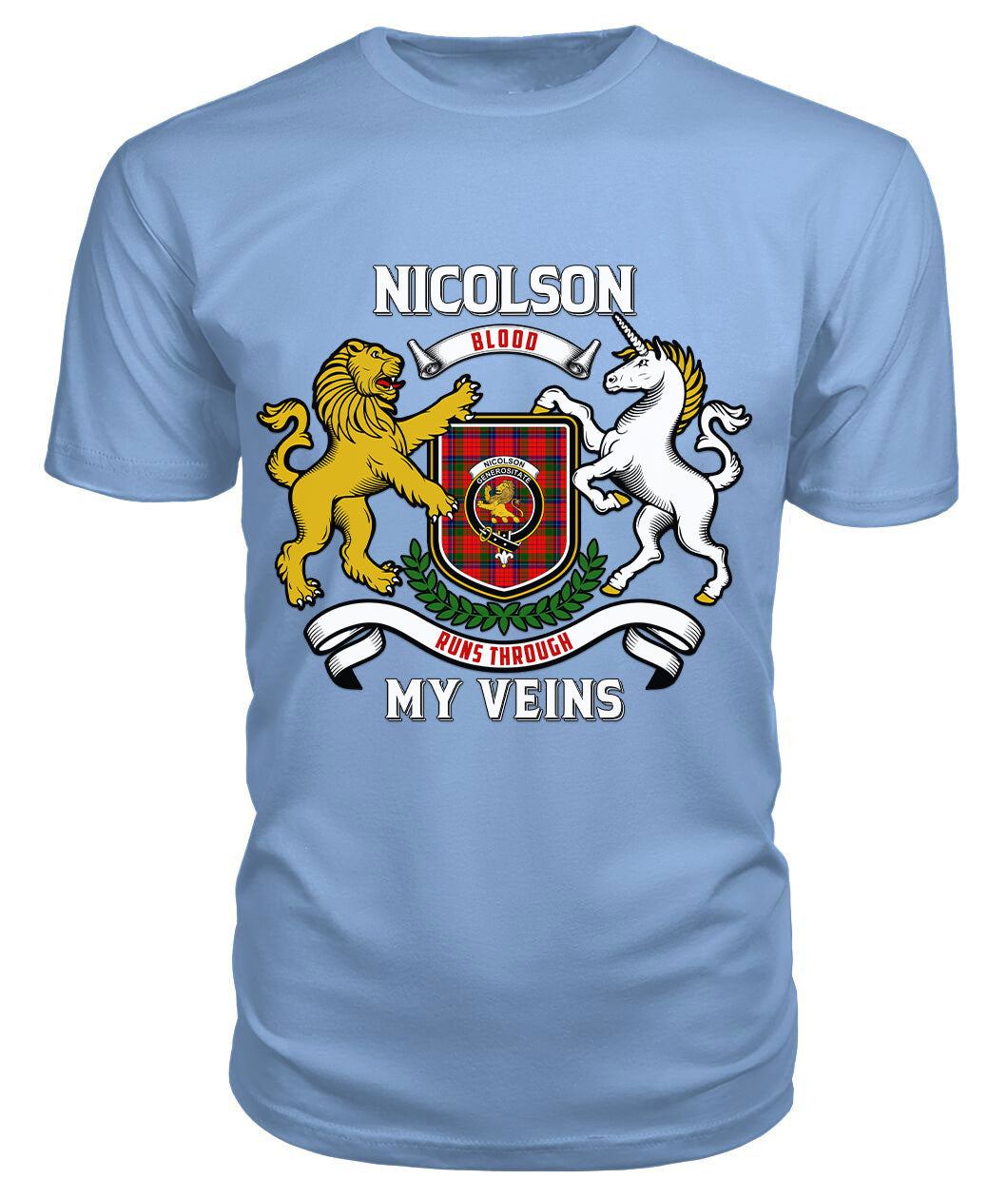 Nicolson Modern Tartan Crest 2D T-shirt - Blood Runs Through My Veins Style
