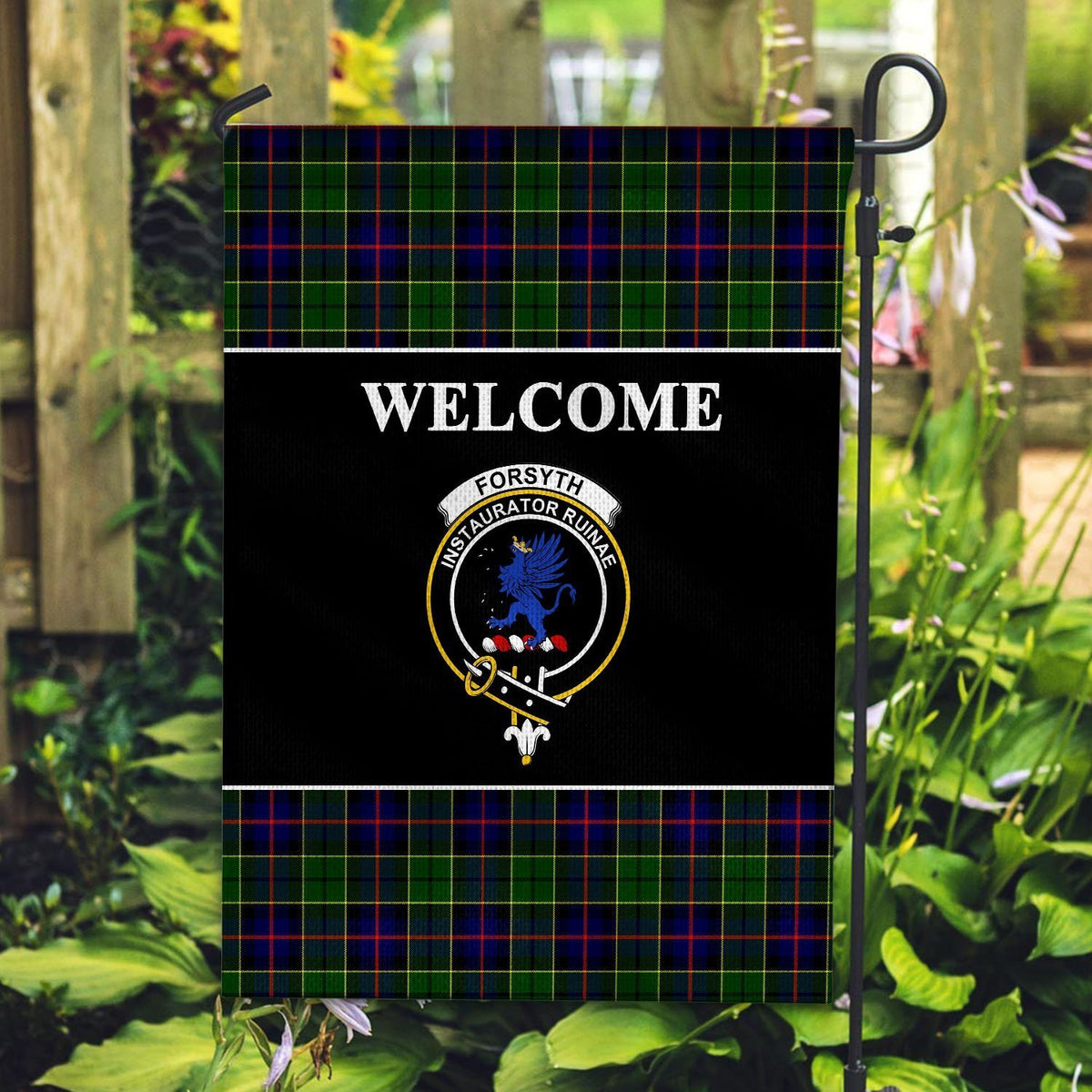 Forsyth Tartan Crest Black Garden Flag