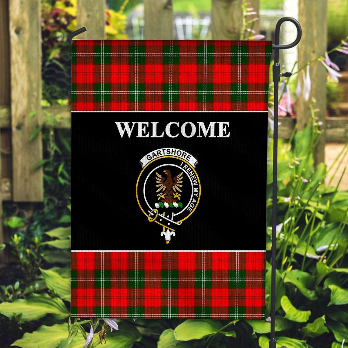 Gartshore Tartan Crest Black Garden Flag