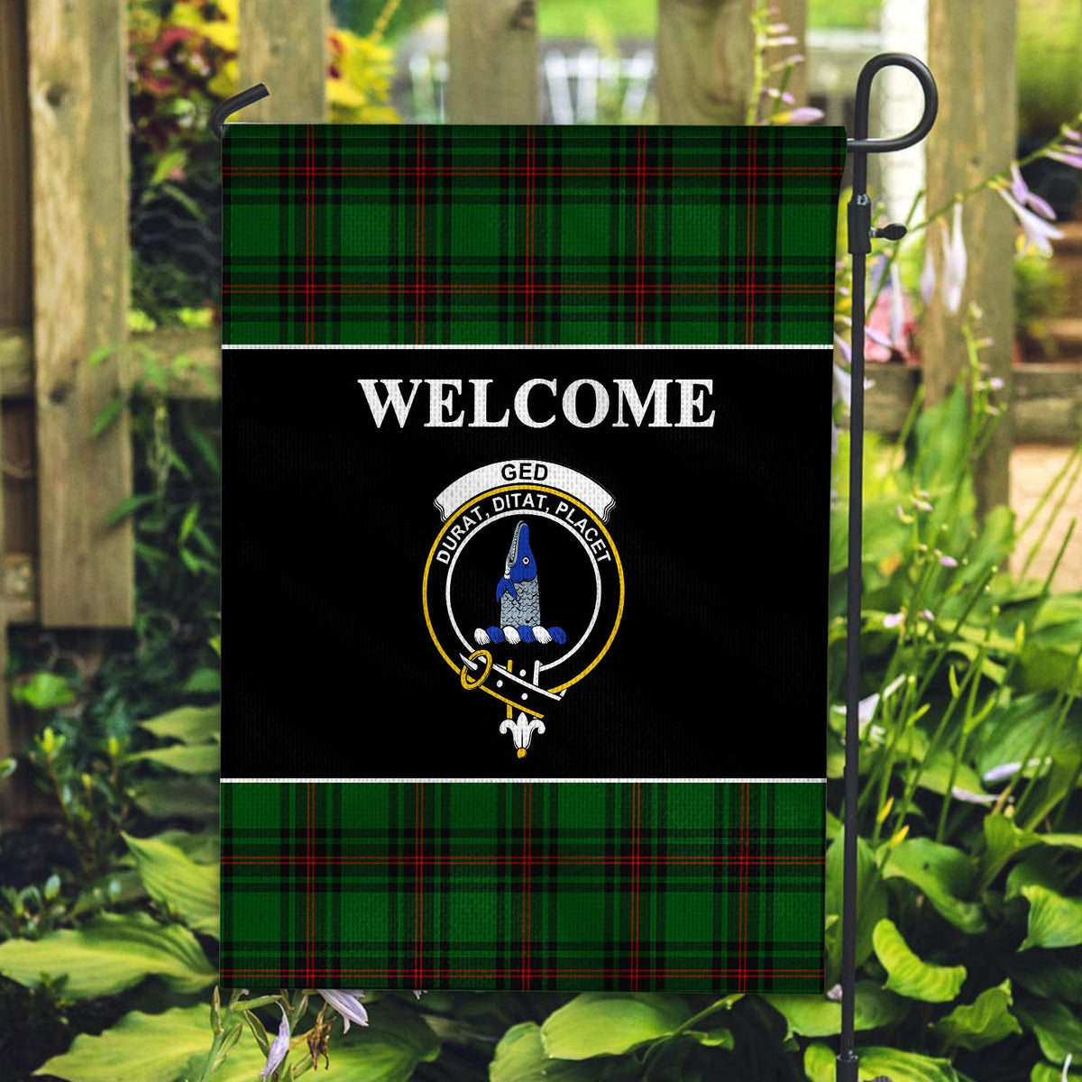 Ged Tartan Crest Black Garden Flag