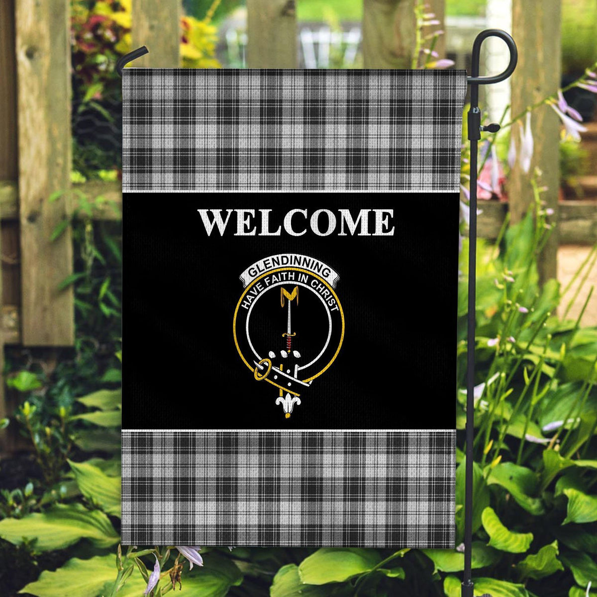 Glendinning Tartan Crest Black Garden Flag