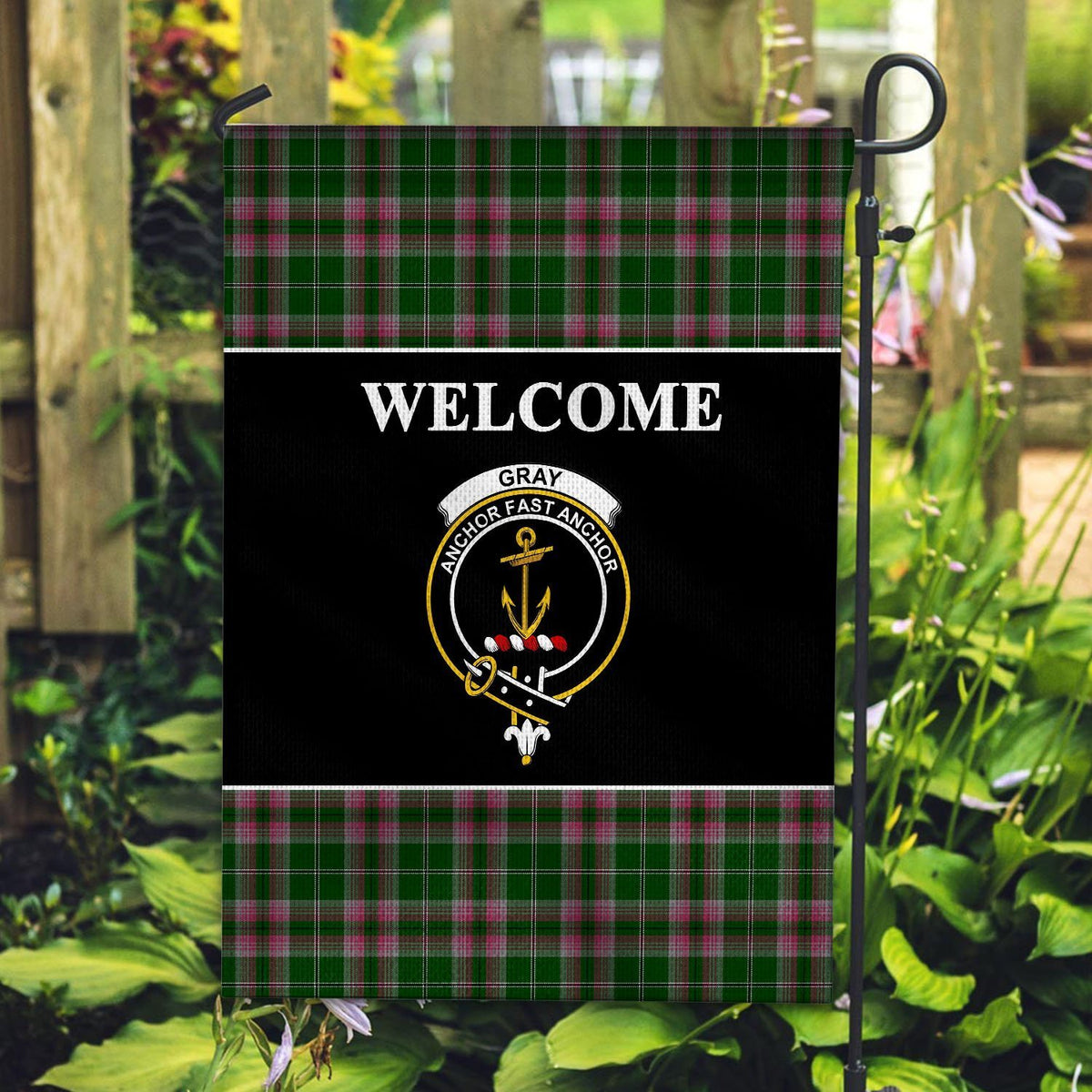 Gray Tartan Crest Black Garden Flag