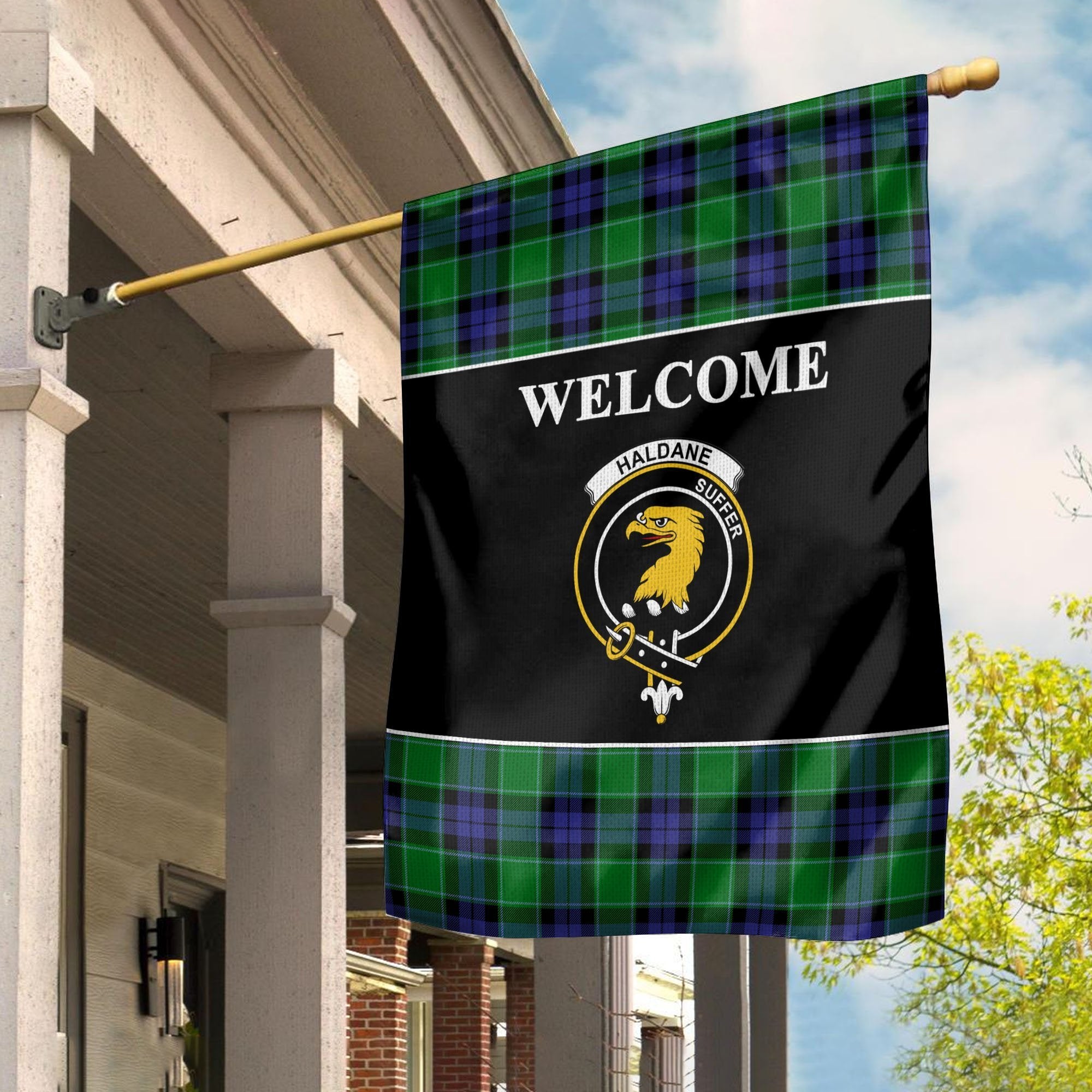 Haldane Tartan Crest Black Garden Flag