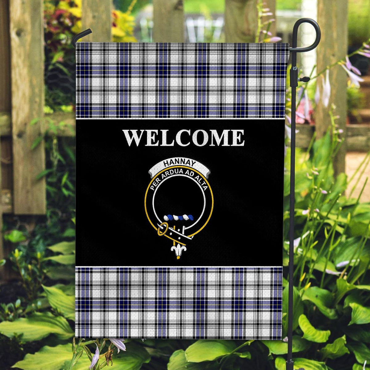 Hannay Tartan Crest Black Garden Flag