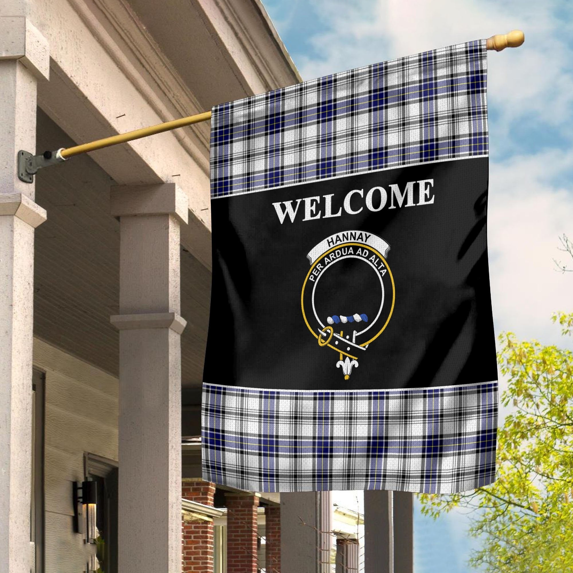 Hannay Tartan Crest Black Garden Flag