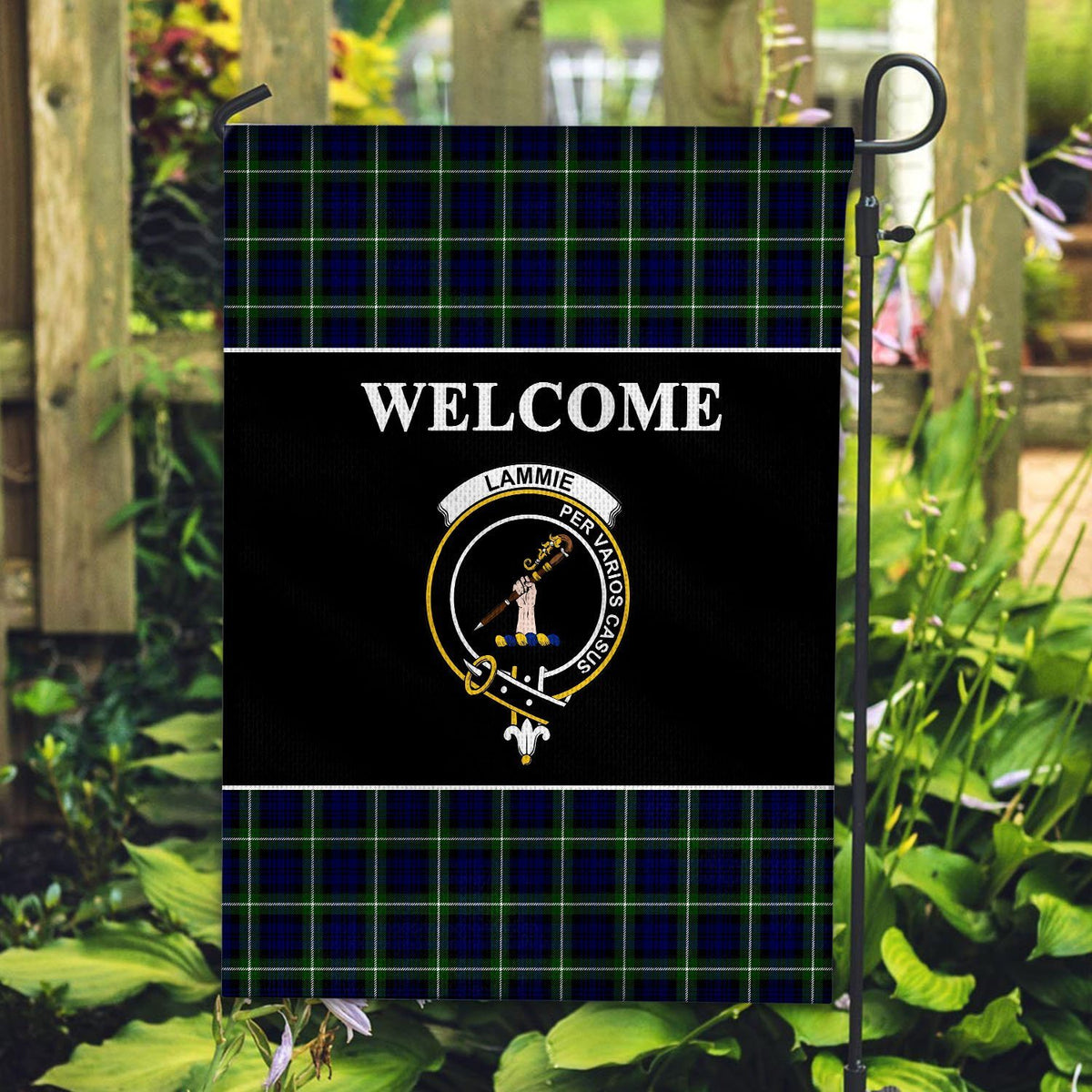 Lammie Tartan Crest Black Garden Flag