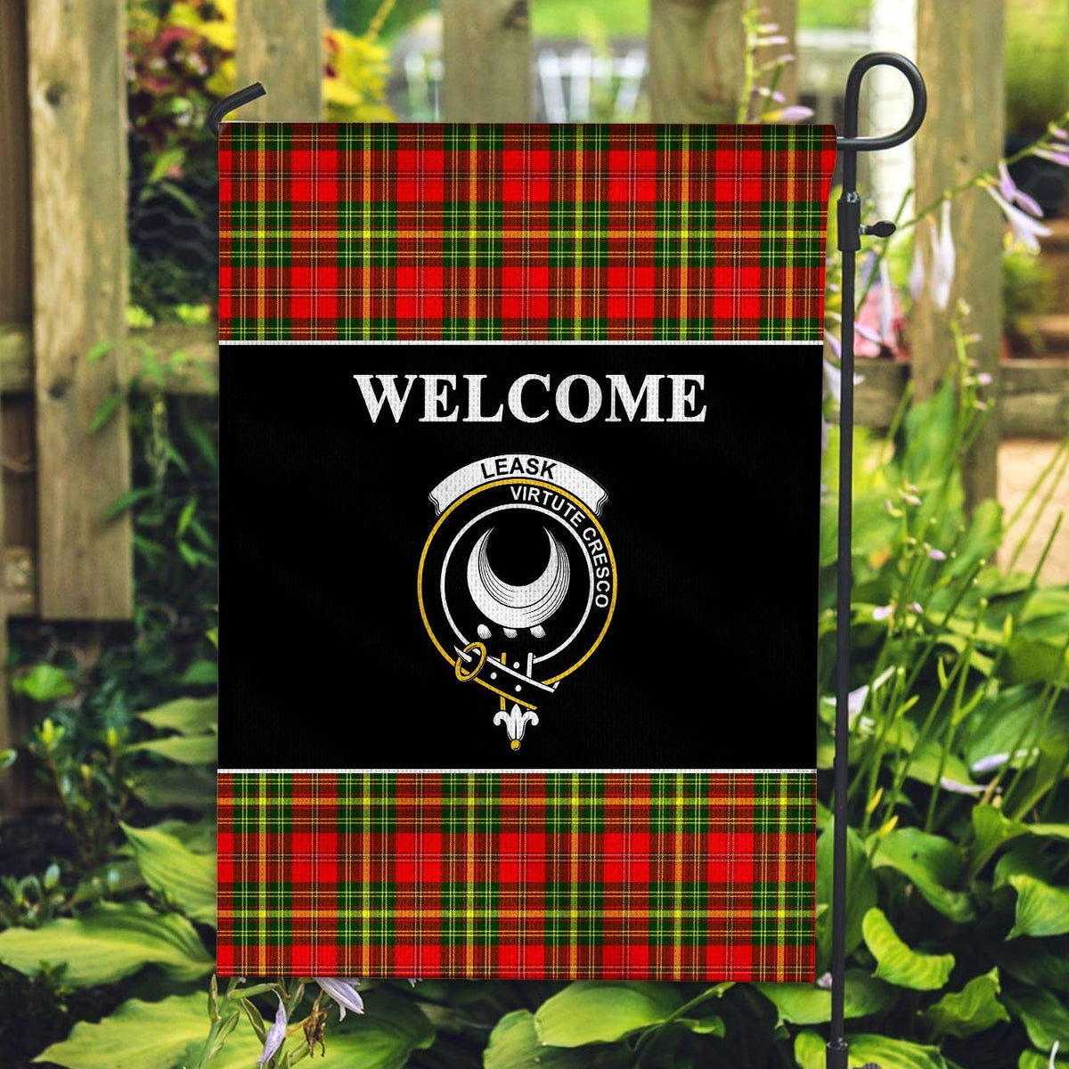 Leask Tartan Crest Black Garden Flag