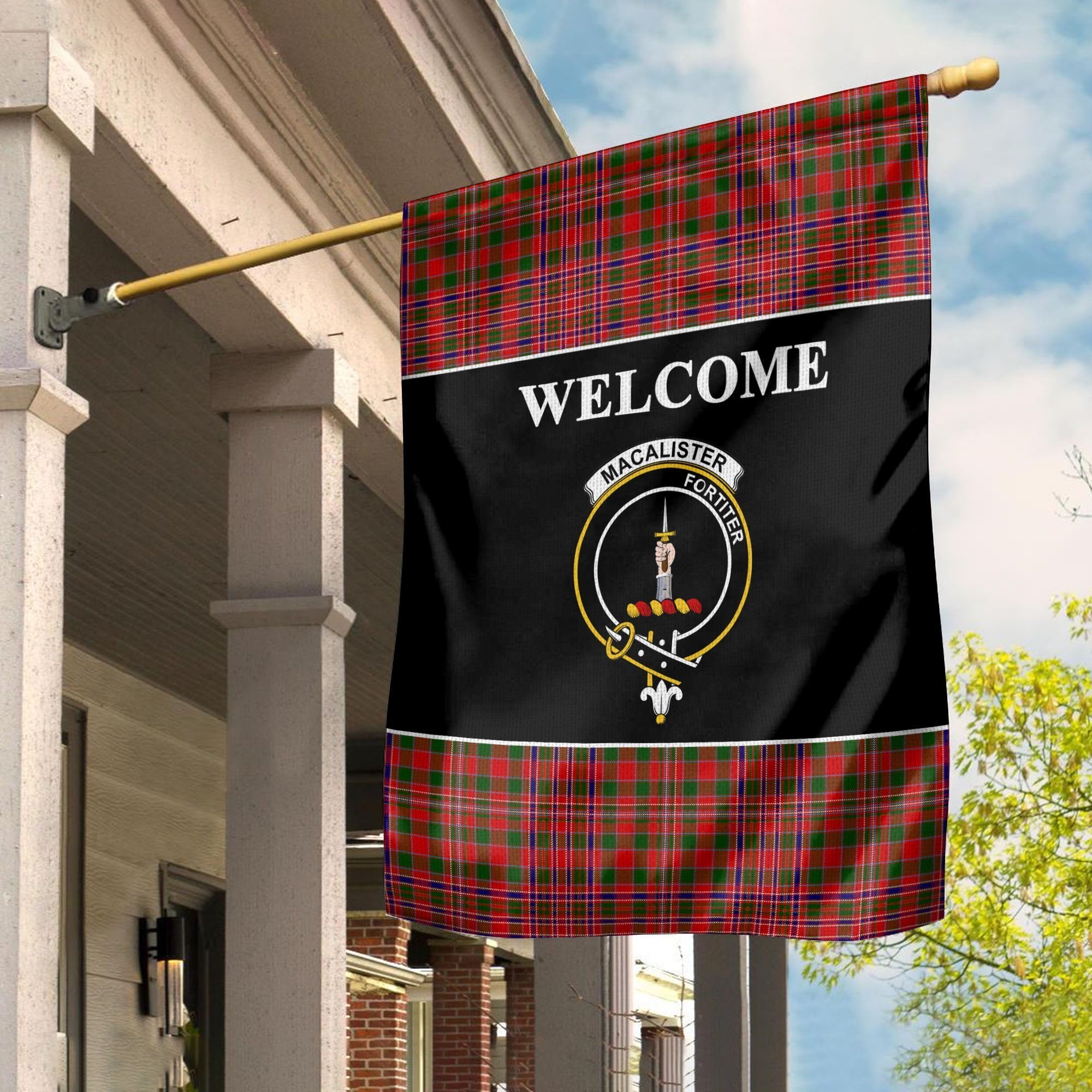 MacAlister Tartan Crest Black Garden Flag