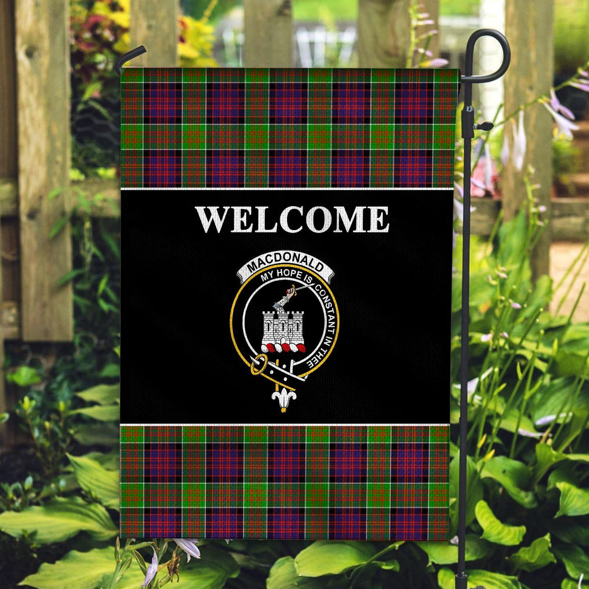 MacDonald (Clan Ranald) Tartan Crest Black Garden Flag