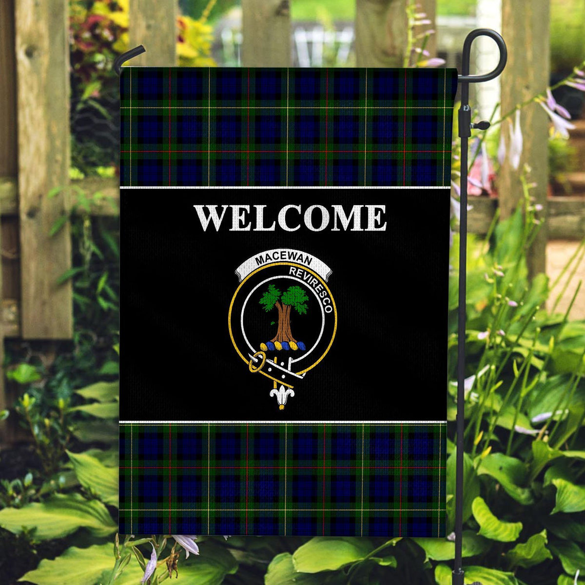 MacEwen Tartan Crest Black Garden Flag