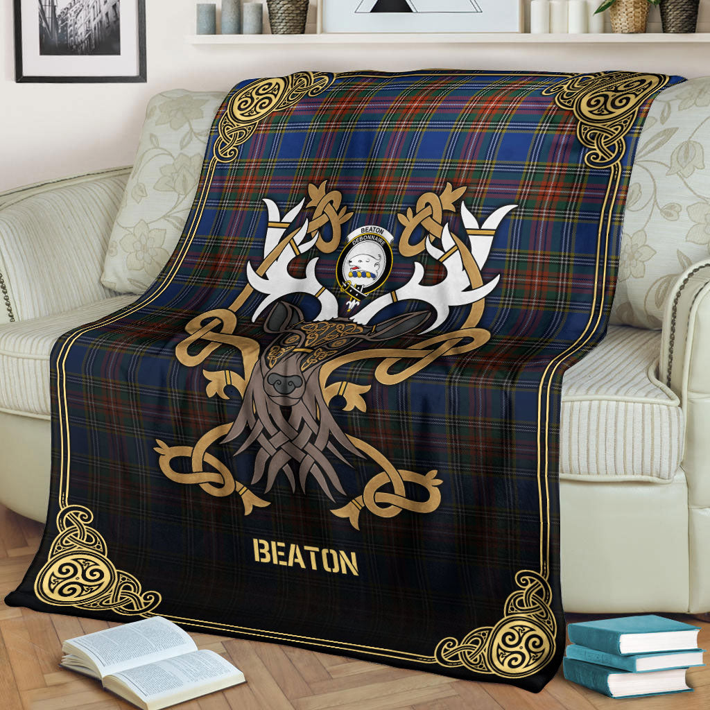 Beaton Ancient Tartan Crest Premium Blanket - Celtic Stag style